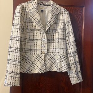 WHBM off white, black and grey striping, size 14 peplum blazer/jacket